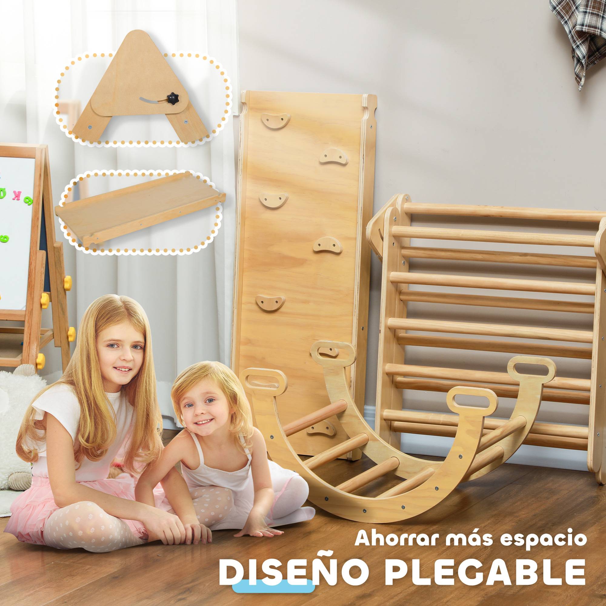 Triangle d’escalade pliable 5-en-1 en bois naturel rampe multi-usages 178 × 64,5 × 63 cm - Image 9