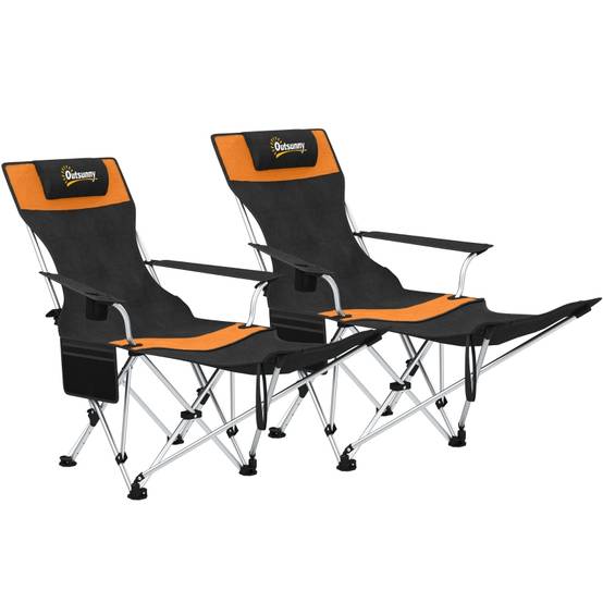 Chaises de camping, lot de 2, pliables, avec repose-pieds amovible et porte-gobelet, orange - Image 1