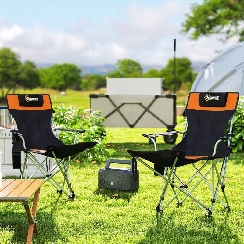 Chaises de camping, lot de 2, pliables, avec repose-pieds amovible et porte-gobelet, orange - Image 2