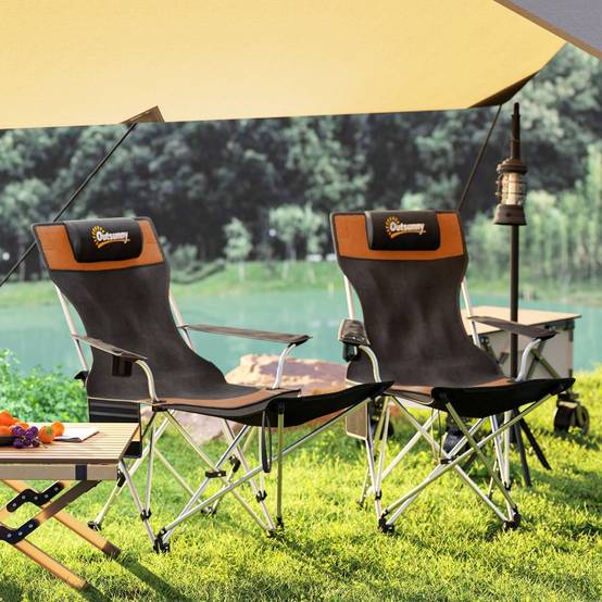 Chaises de camping, lot de 2, pliables, avec repose-pieds amovible et porte-gobelet, orange - Image 7