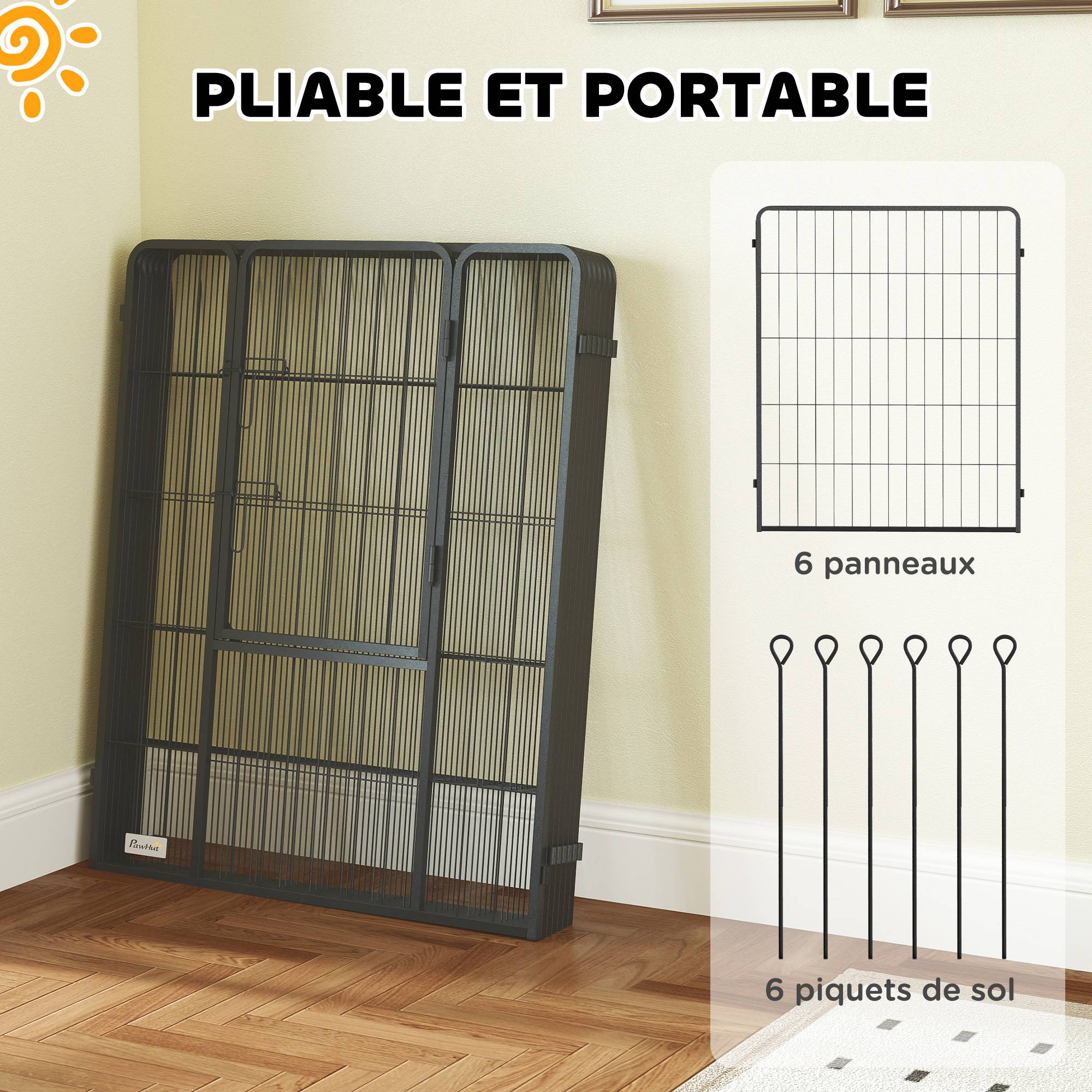 Parc pour chien, enclos chien 6 panneaux modulable et pliable, portable en acier avec porte 80 x 100 gris - Image 8