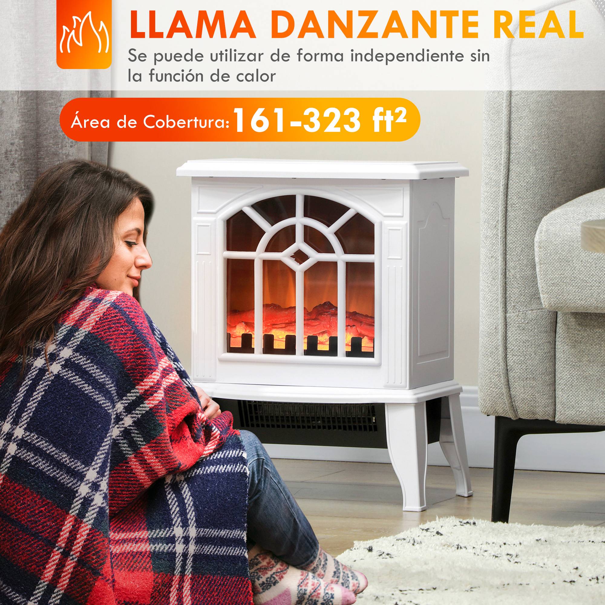 Cheminée décorative 1000W/2000W température réglable flammes LED 15-20 m² 36,5x24x46 cm blanc - Image 6