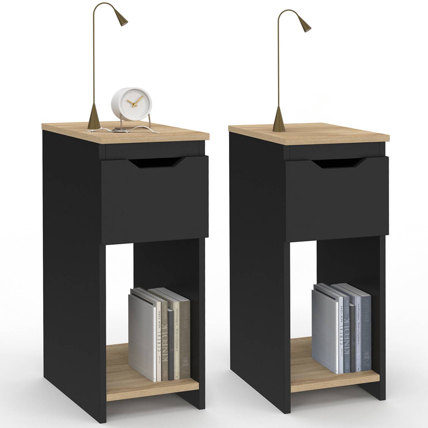 Lot de 2 tables de chevet étroites ANOUK 1 tiroir avec niche noir et bois - Image 2