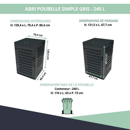 Cache Poubelle Extérieur Simple en Aluminium thermolaqué - Abri pour 1 conteneur 240 Litres – Gris anthracite RAL 7016 - Image 3