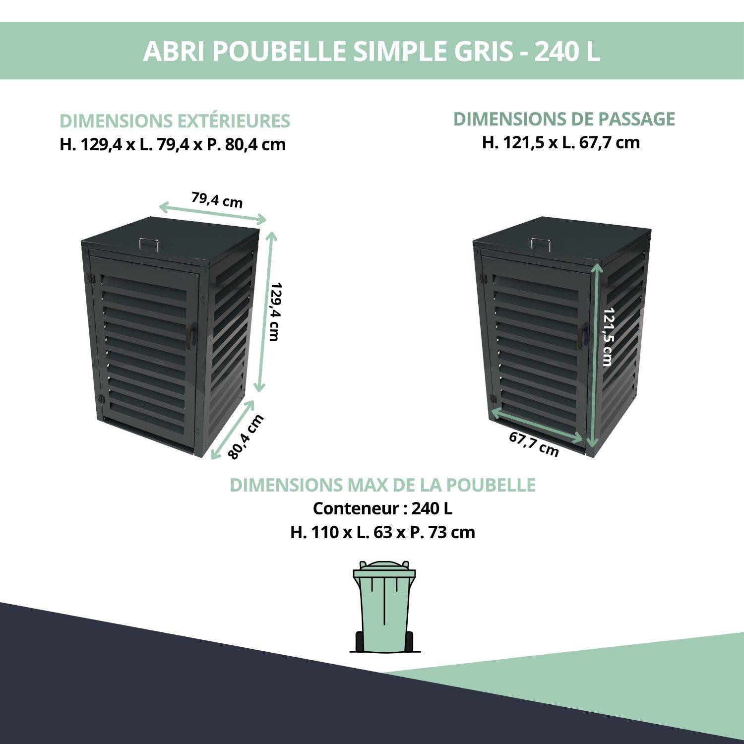 Cache Poubelle Extérieur Simple en Aluminium thermolaqué - Abri pour 1 conteneur 240 Litres – Gris anthracite RAL 7016 - Image 3