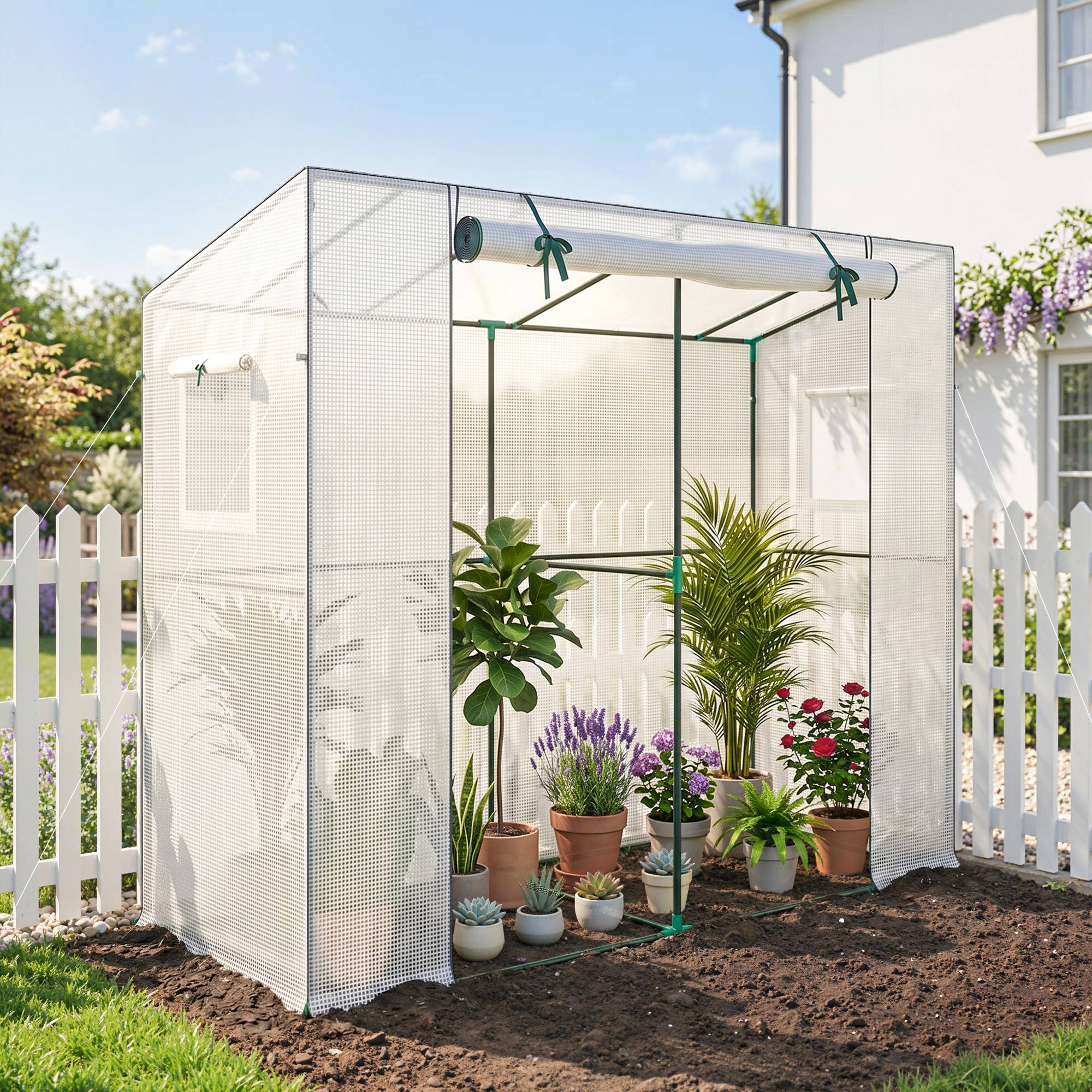 Sans Marque - Mini-serre adossée, porte roulante, fenêtres moustiquaires, UV, pour fleurs, plants, blanc - Image 4