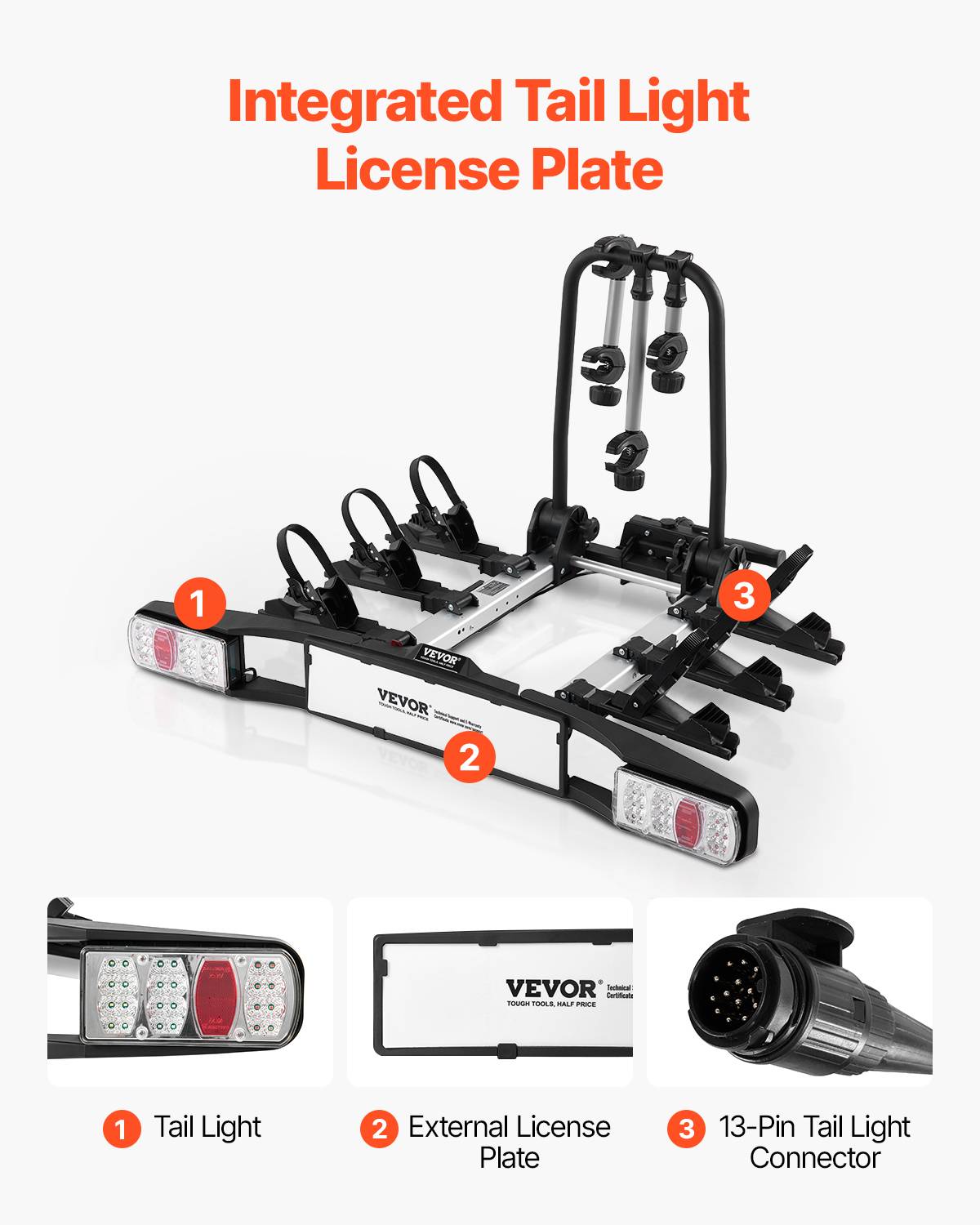 VEVOR Porte-vélos attelage, charge 65 kg (3 vélos). Pliable, verrouillable, feu arrière. - Image 3