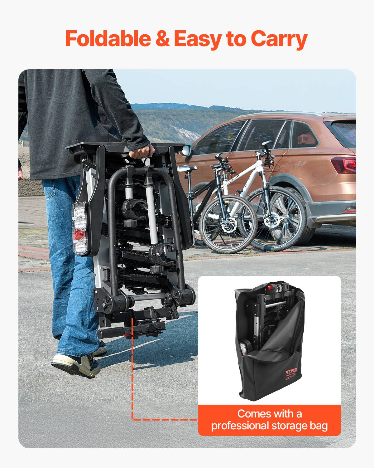 VEVOR Porte-vélos attelage, charge 65 kg (3 vélos). Pliable, verrouillable, feu arrière. - Image 4