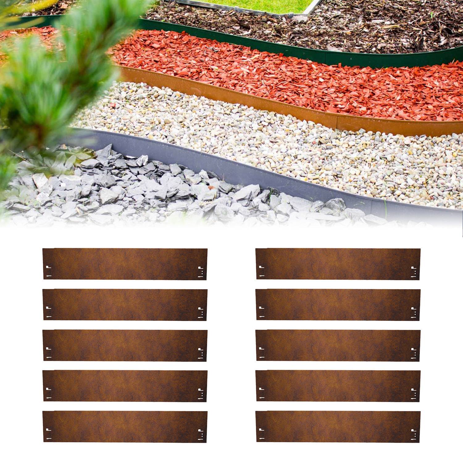 Jeu de 10 Bordure jardin Acier corten, longueur 70 cm, 13,5 cm de hauteur, bordure de jardin - métal galvanisé à chaud, Green-split - Image 2
