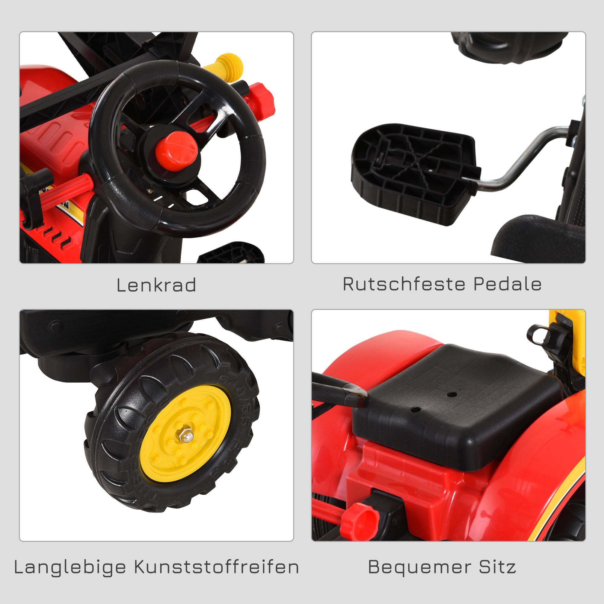 Tracteur à pédales avec remorque, chargeur frontal, pelle réglable, 3 ans+, rouge - Image 6