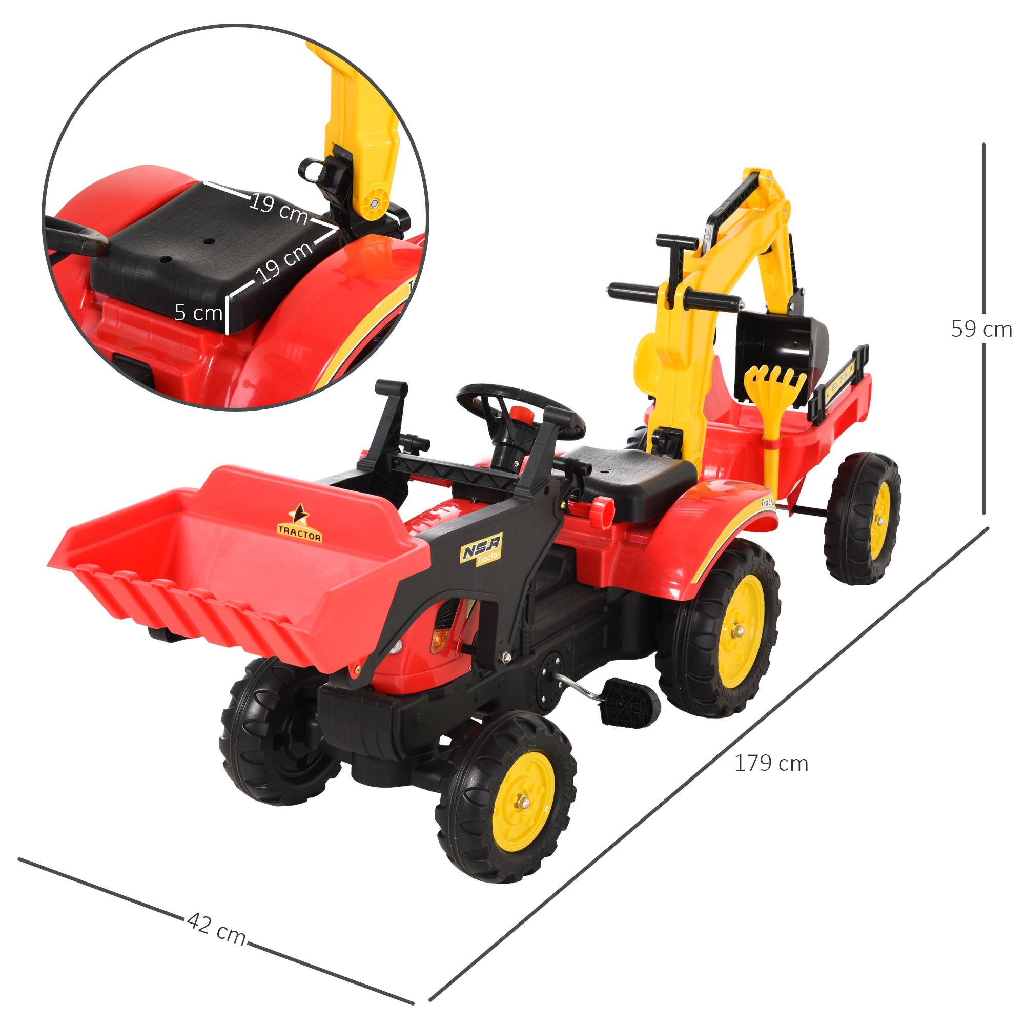 Tracteur à pédales avec remorque, chargeur frontal, pelle réglable, 3 ans+, rouge - Image 5