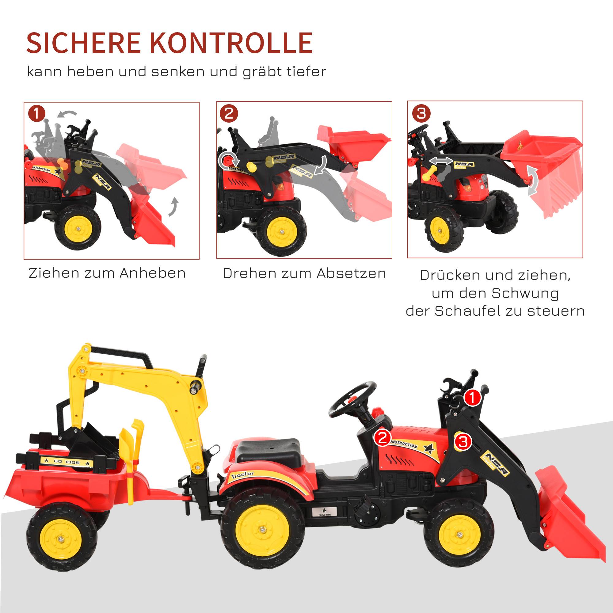 Tracteur à pédales avec remorque, chargeur frontal, pelle réglable, 3 ans+, rouge - Image 8
