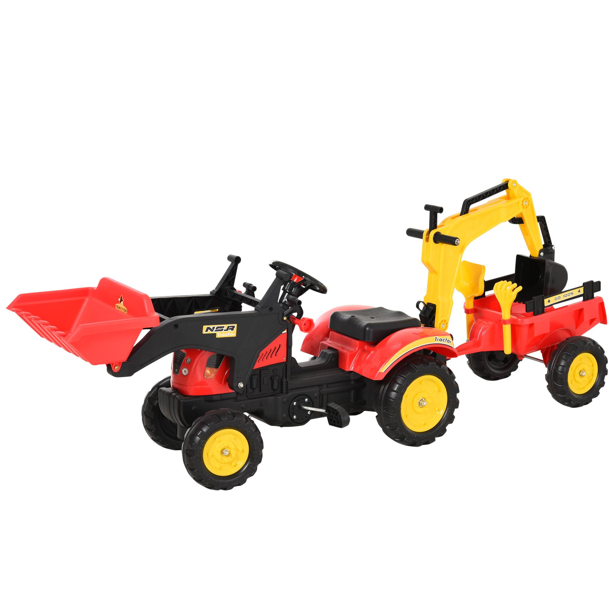 Tracteur à pédales avec remorque, chargeur frontal, pelle réglable, 3 ans+, rouge - Image 2