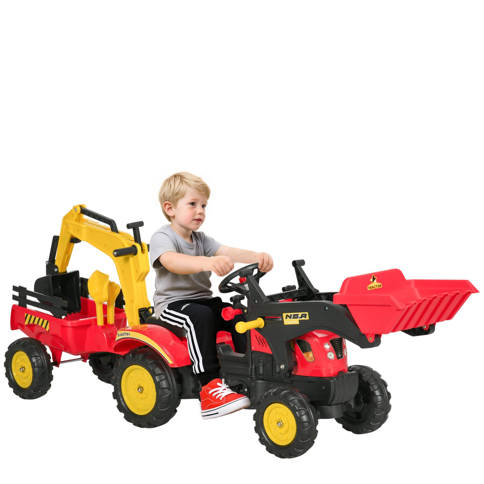 Tracteur à pédales avec remorque, chargeur frontal, pelle réglable, 3 ans+, rouge - Image 1