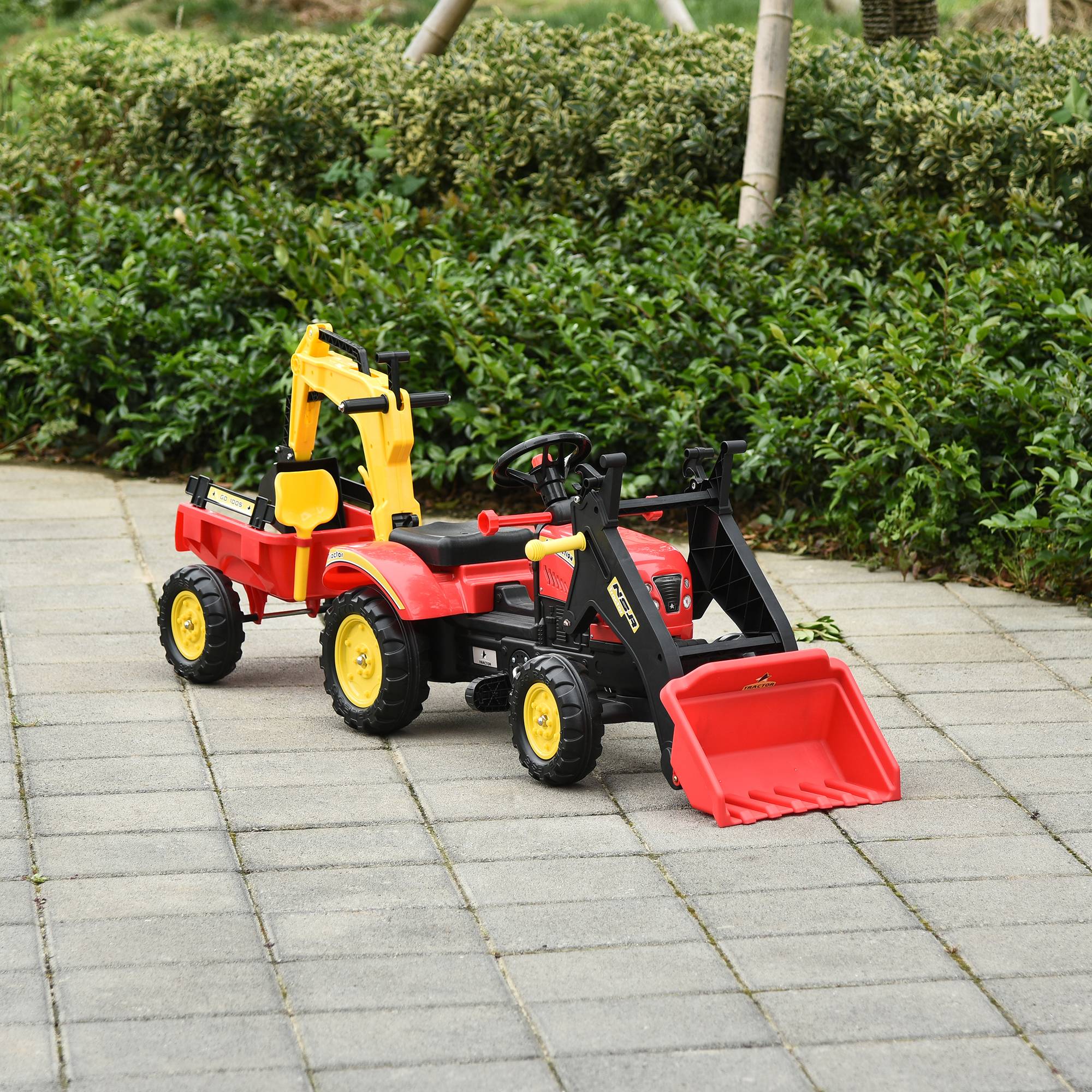 Tracteur à pédales avec remorque, chargeur frontal, pelle réglable, 3 ans+, rouge - Image 4
