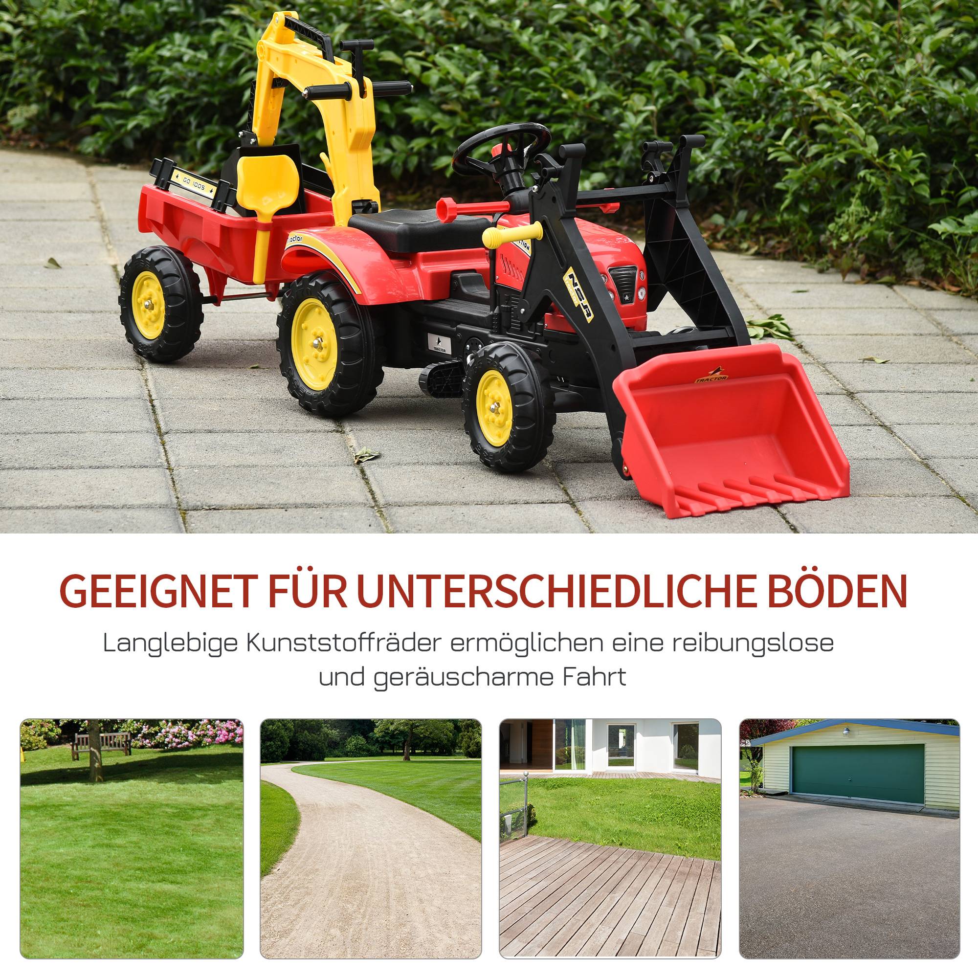 Tracteur à pédales avec remorque, chargeur frontal, pelle réglable, 3 ans+, rouge - Image 9
