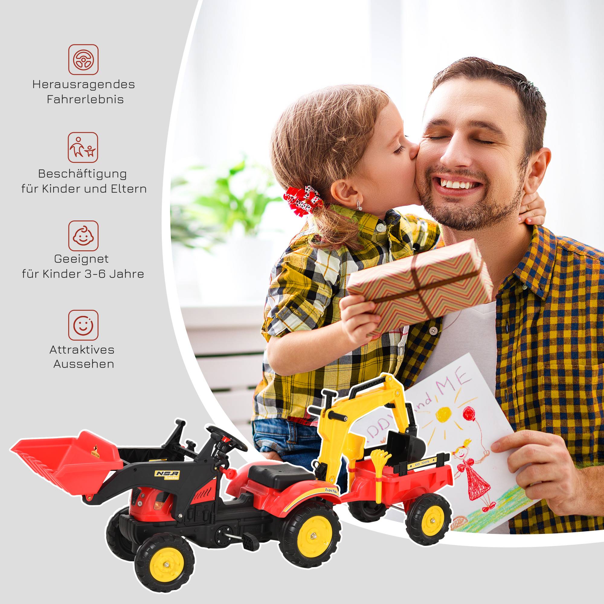 Tracteur à pédales avec remorque, chargeur frontal, pelle réglable, 3 ans+, rouge - Image 7
