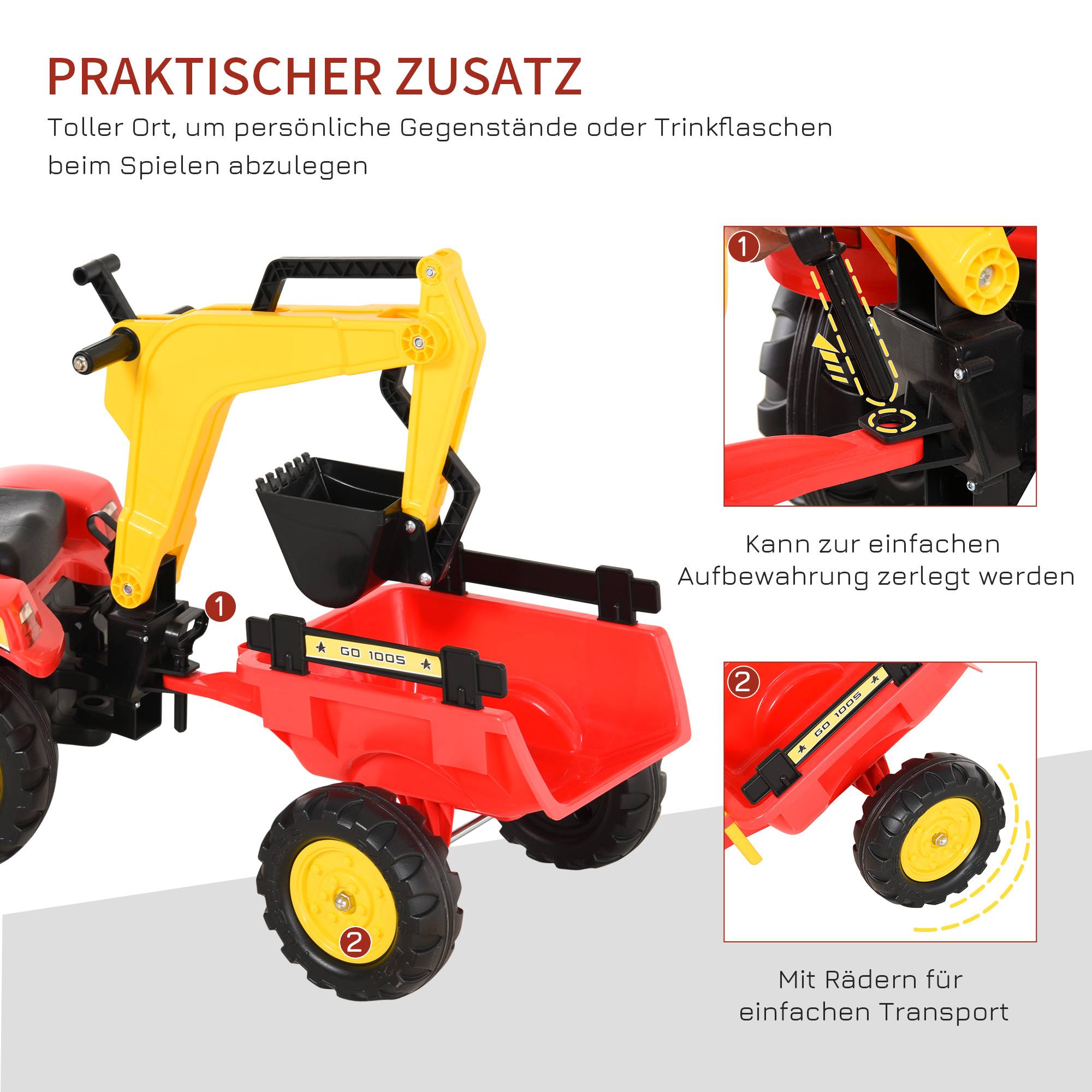 Tracteur à pédales avec remorque, chargeur frontal, pelle réglable, 3 ans+, rouge - Image 10