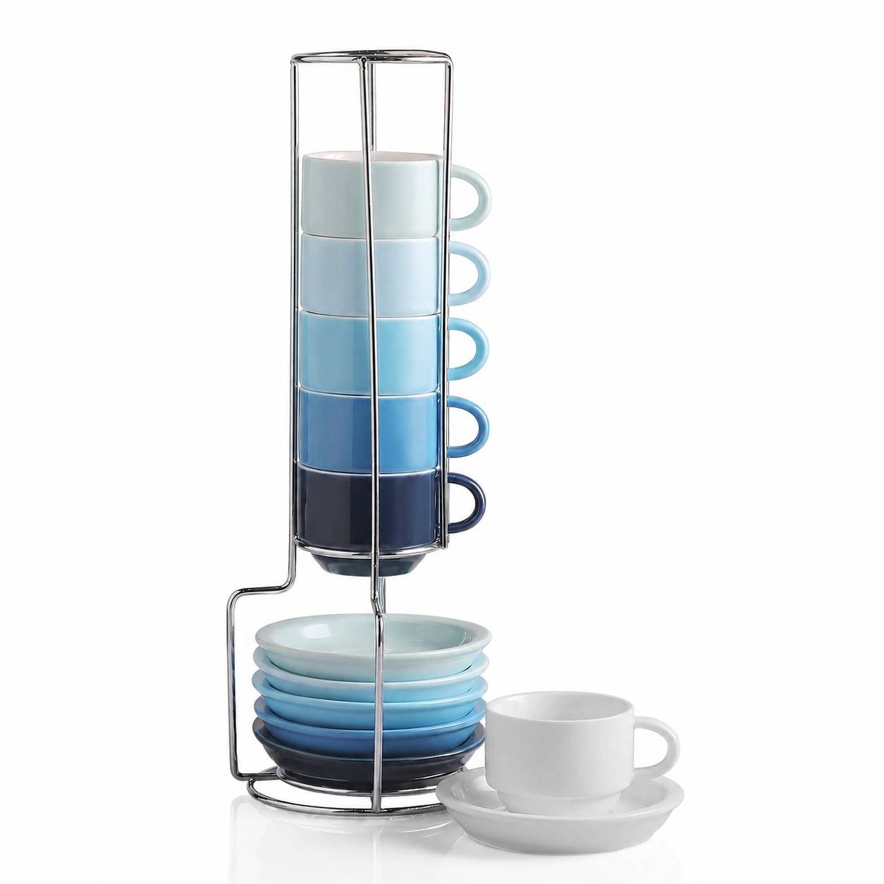 Set de 6 Tasses à Espresso et Sous-tasses en Porcelaine avec Support Métal - Image 1