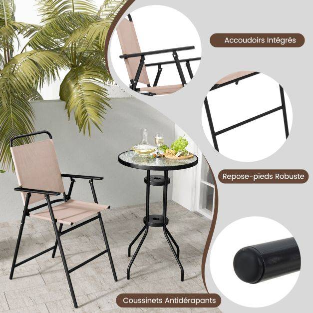 Helloshop26 - 3pcs salon de jardin 2 chaises de jardin pliantes table basse ronde en verre trempé bistro terrasse piscine beige - Image 2