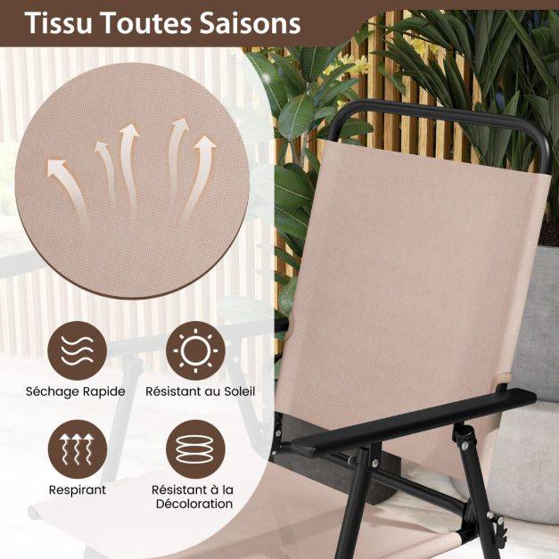 Helloshop26 - 3pcs salon de jardin 2 chaises de jardin pliantes table basse ronde en verre trempé bistro terrasse piscine beige - Image 3