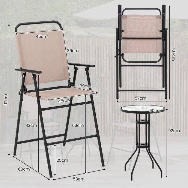 Helloshop26 - 3pcs salon de jardin 2 chaises de jardin pliantes table basse ronde en verre trempé bistro terrasse piscine beige - Image 5