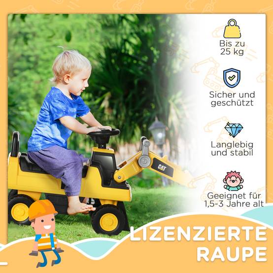 HOMCOM Tractopelle enfant sous licence CAT, porteur enfant, pelle manuelle, klaxon et rangement caché, 85x27,5x47,5cm, jaune | France HOMCOM Tractopelle enfant sous licence CAT, porteur enfant, pelle manuelle, klaxon et rangement caché, 85x27,5x47,5cm, jaune | France