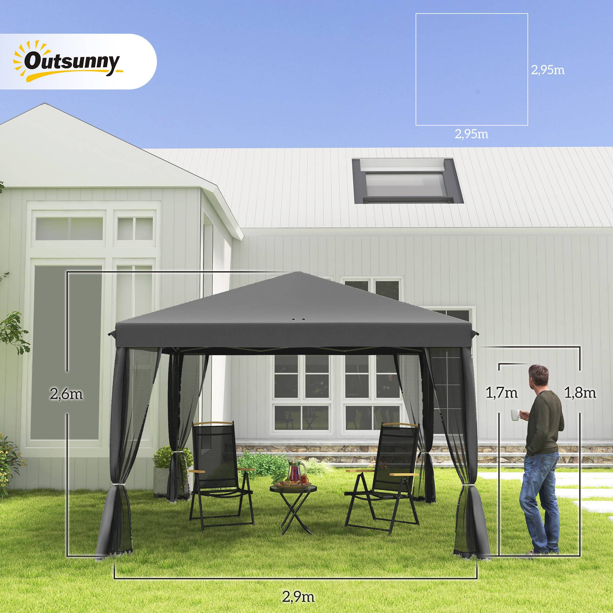 ComfortXL - Tonnelle pliante métal polyester pour jardin avec moustiquaire 3x3m gris clair - ComfortXL Outdoor Living - Image 5