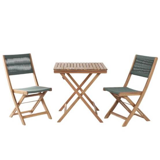 Ensemble repas BARI pliable 2 personnes bois et corde vert olive Beau Rivage - Image 1