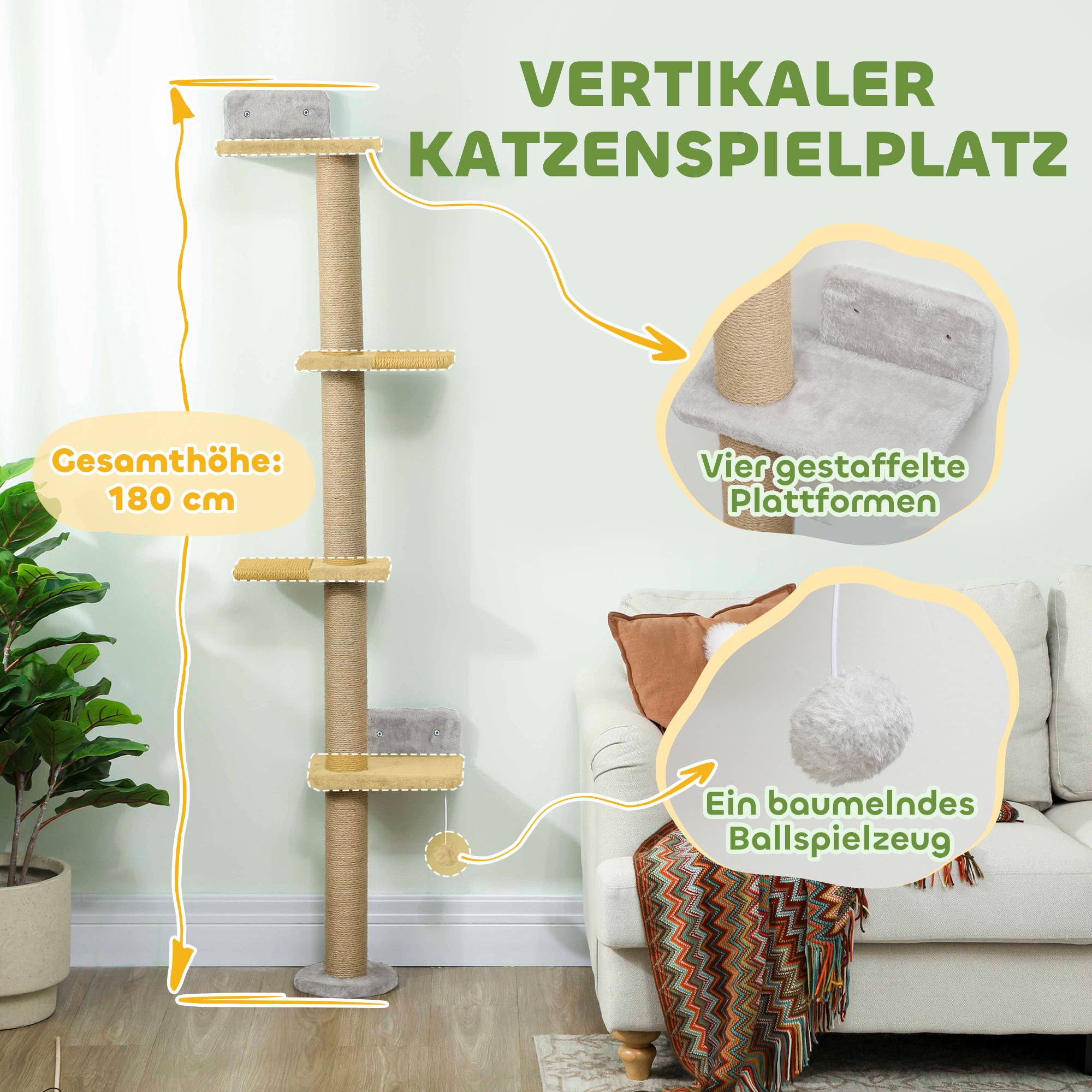 Arbre chat mural panneaux sisal intérieur parcours vertical 48x21x180cm gris clair - ComfortXL Outdoor Living - Image 6