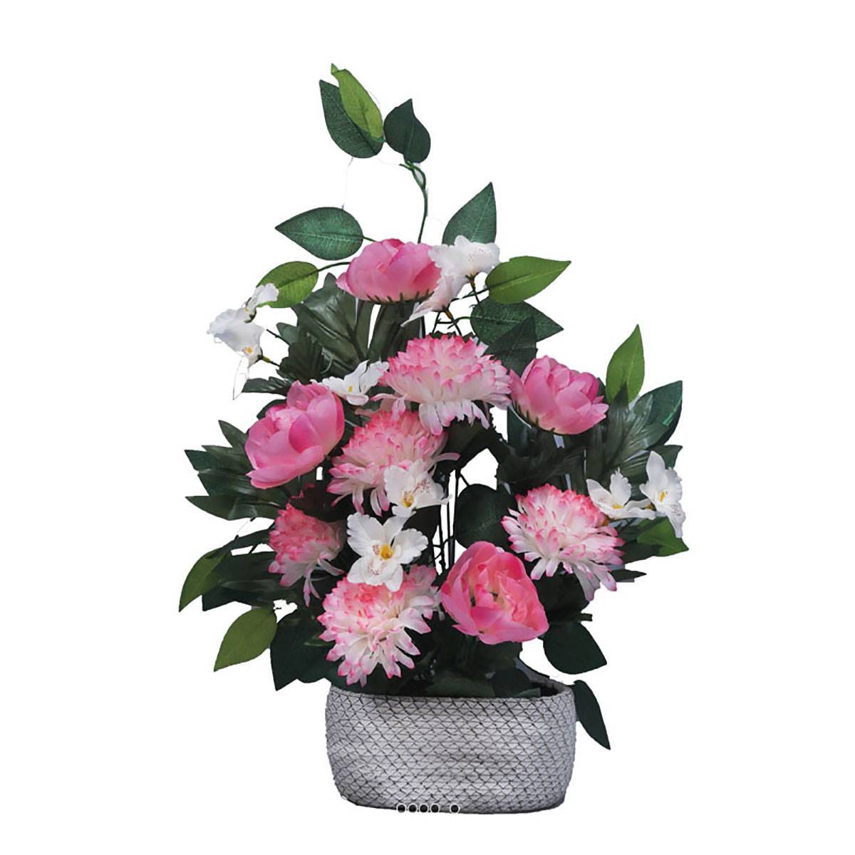Artificielles - Jardinière déco fleurs artificielles cimetière chrysanthèmes et pivoines Rose pâle - couleur: Rose pâle - Image 1