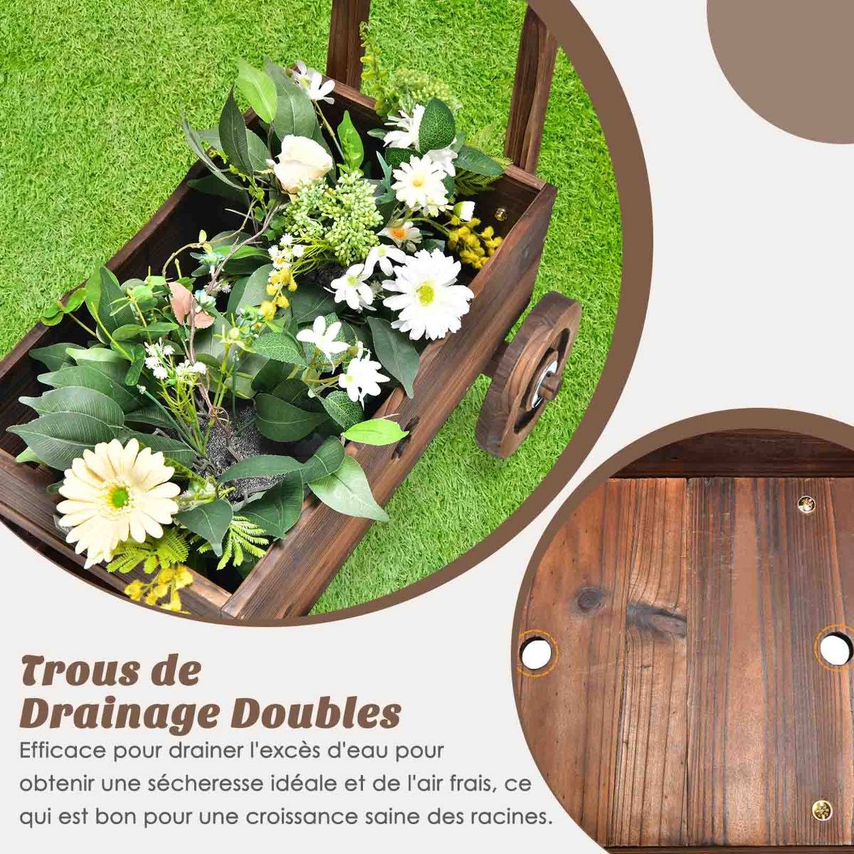 Brouette en Bois Décorative avec Roues Poignées Trou de Drainage Support de Pot de Fleurs Roulant Rustique Jardin Balcon Marron - Image 7