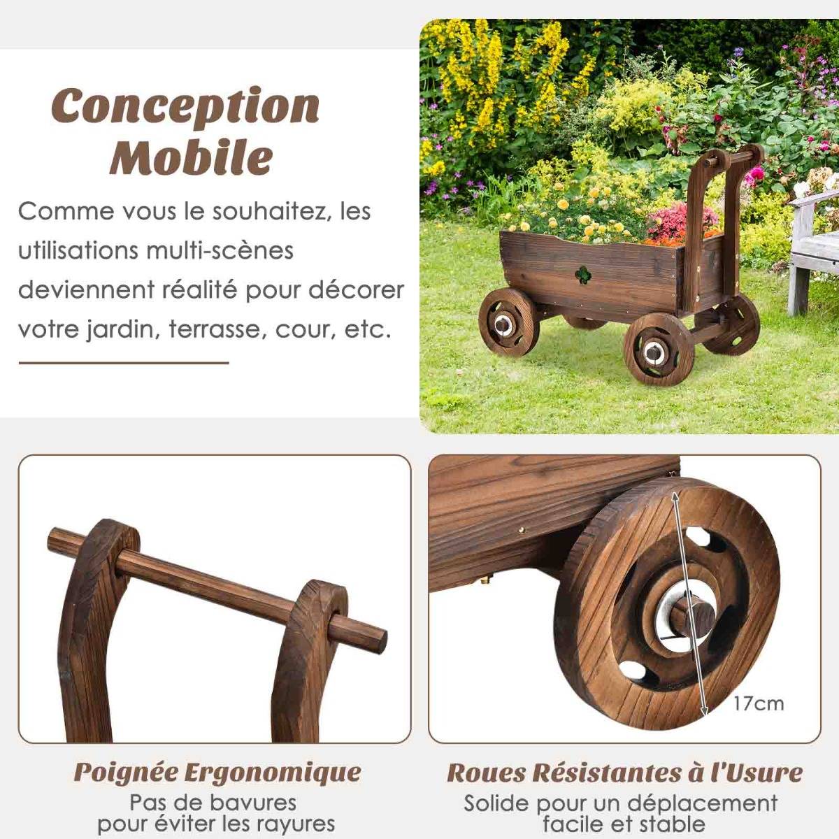 Brouette en Bois Décorative avec Roues Poignées Trou de Drainage Support de Pot de Fleurs Roulant Rustique Jardin Balcon Marron - Image 9