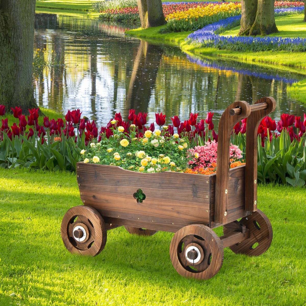 Brouette en Bois Décorative avec Roues Poignées Trou de Drainage Support de Pot de Fleurs Roulant Rustique Jardin Balcon Marron - Image 4