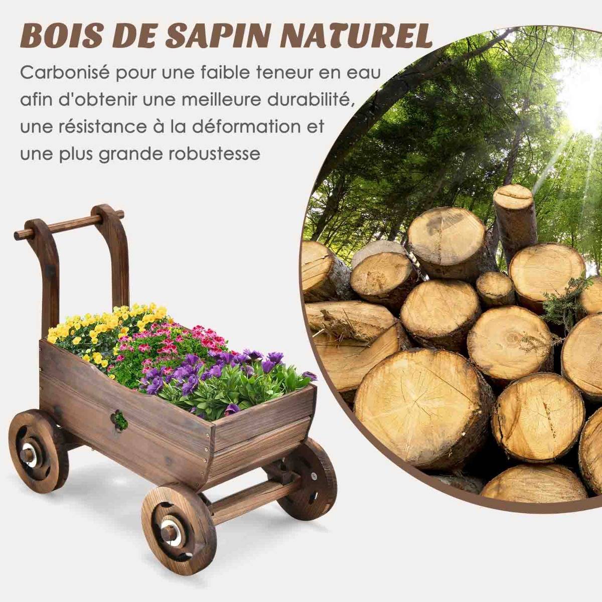 Brouette en Bois Décorative avec Roues Poignées Trou de Drainage Support de Pot de Fleurs Roulant Rustique Jardin Balcon Marron - Image 8