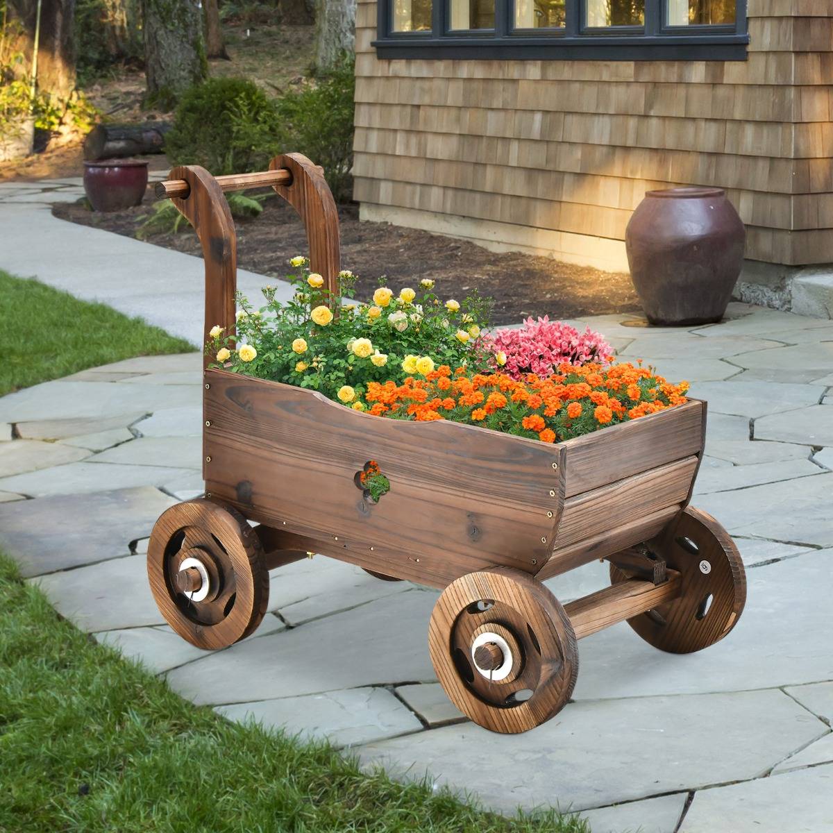 Brouette en Bois Décorative avec Roues Poignées Trou de Drainage Support de Pot de Fleurs Roulant Rustique Jardin Balcon Marron - Image 5