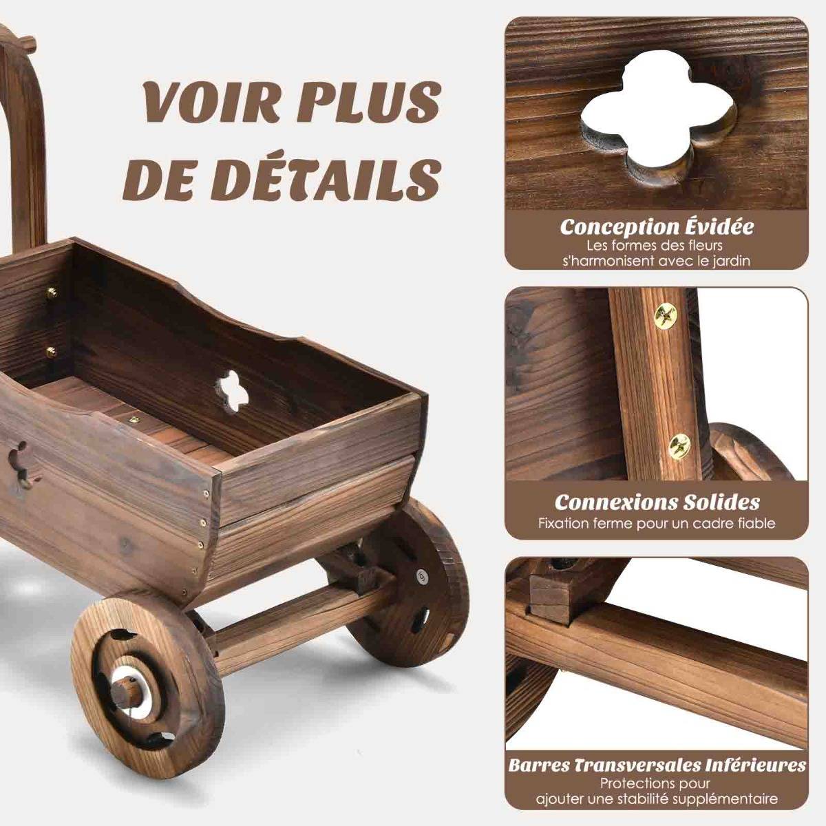 Brouette en Bois Décorative avec Roues Poignées Trou de Drainage Support de Pot de Fleurs Roulant Rustique Jardin Balcon Marron - Image 6