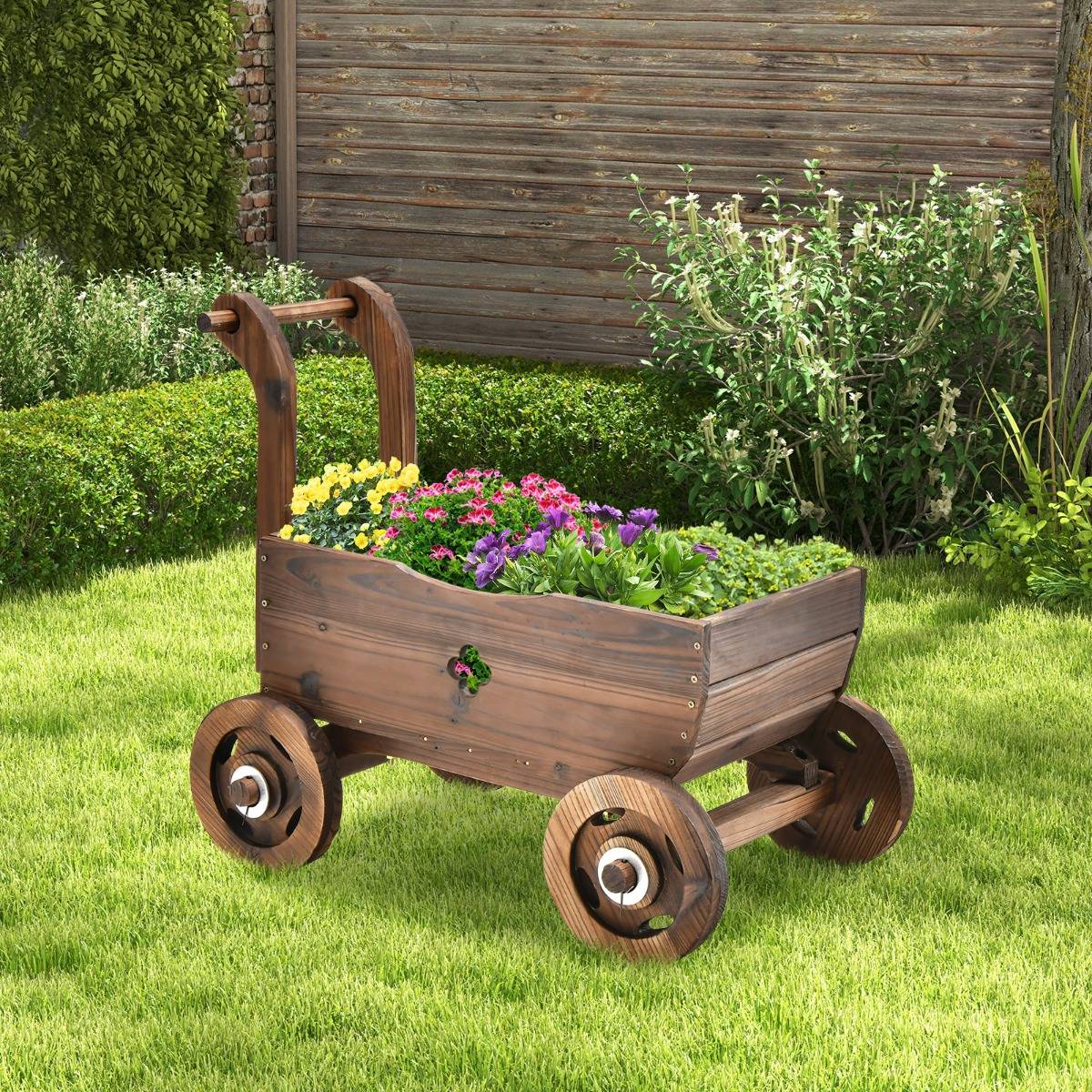 Brouette en Bois Décorative avec Roues Poignées Trou de Drainage Support de Pot de Fleurs Roulant Rustique Jardin Balcon Marron - Image 3