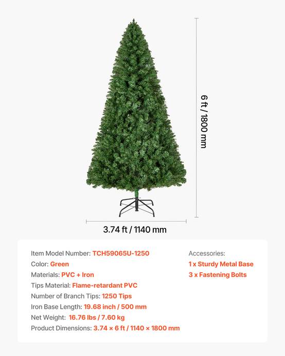 VEVOR Sapin de Noël Artificiel Arbre Décoration 180 cm avec 1250 Branches PVC - Image 7