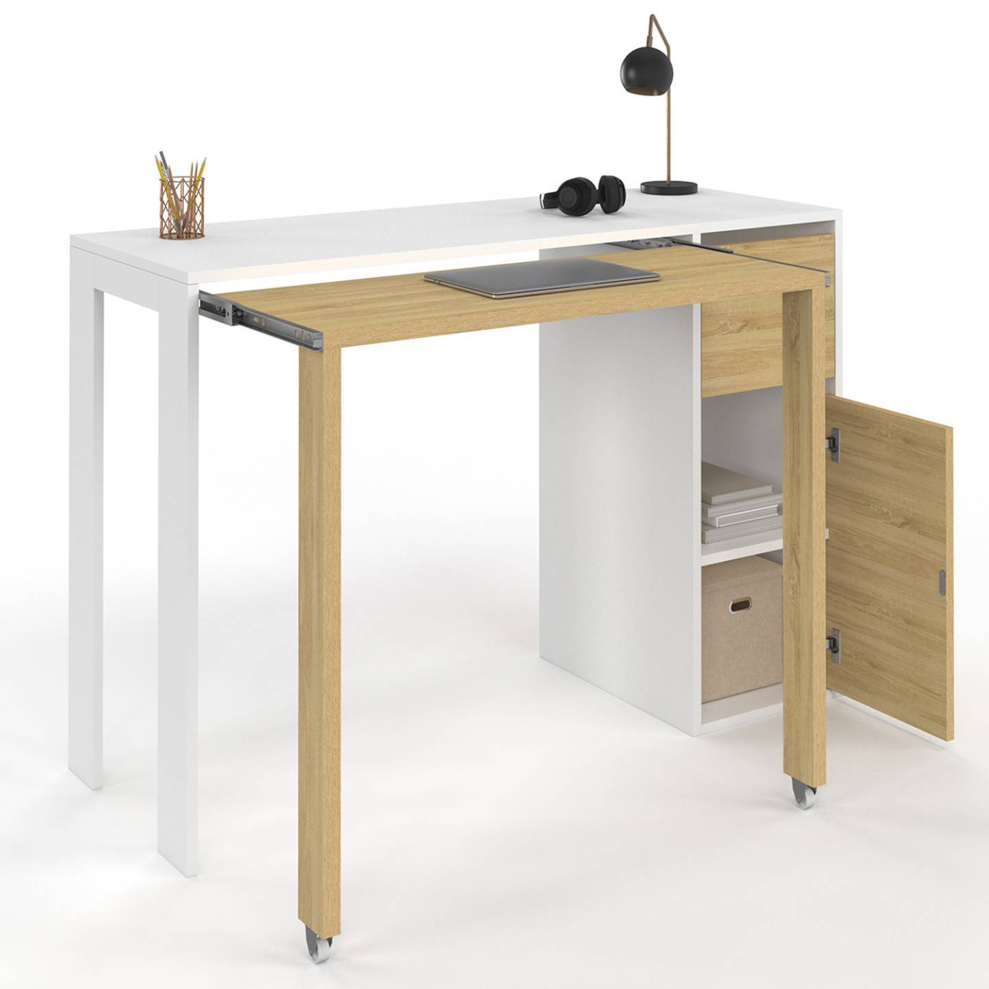 Bureau extensible RON avec colonne de rangement tiroir et placard blanc et bois - Image 2