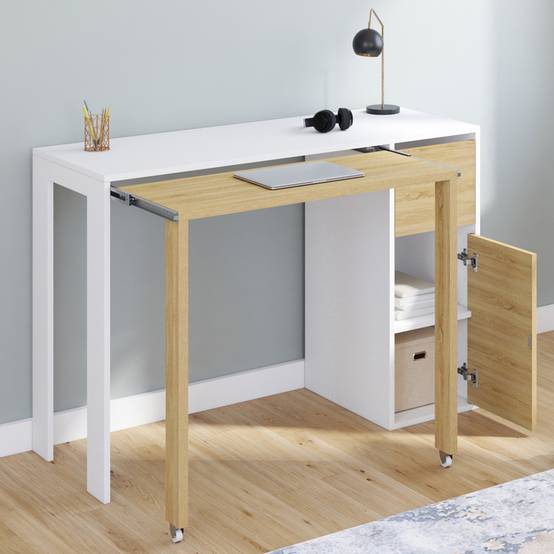 Bureau extensible RON avec colonne de rangement tiroir et placard blanc et bois - Image 1