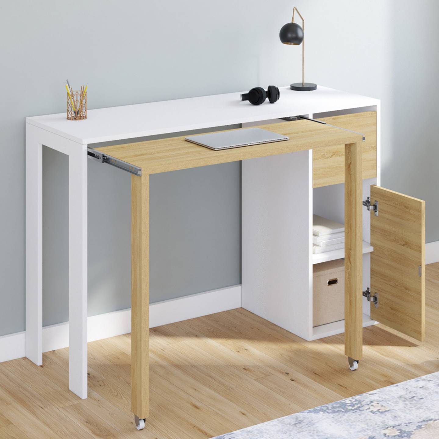 Bureau extensible RON avec colonne de rangement tiroir et placard blanc et bois - Image 1