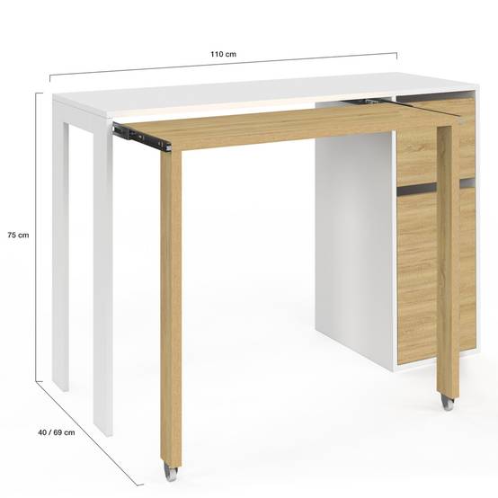 Bureau extensible RON avec colonne de rangement tiroir et placard blanc et bois - Image 4