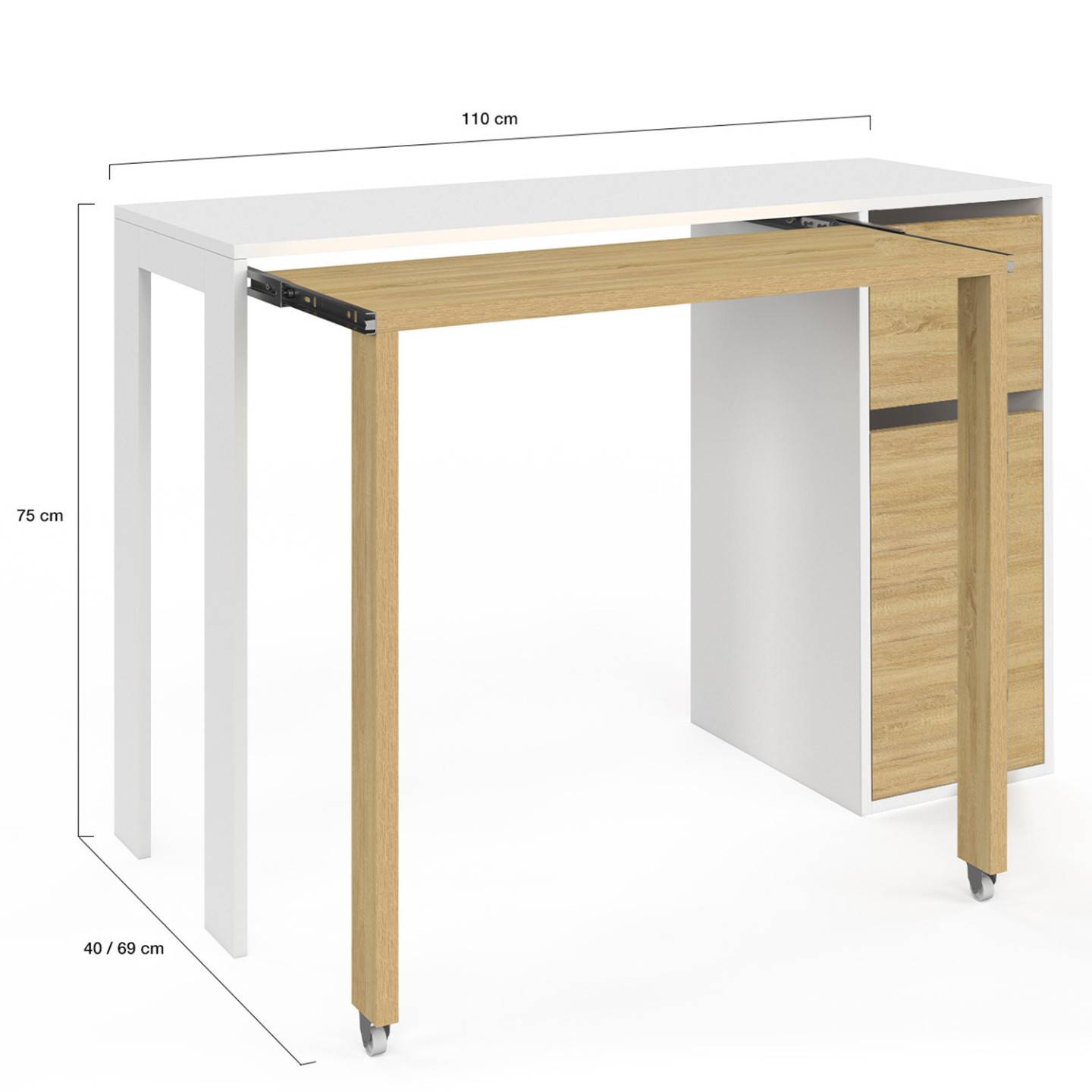 Bureau extensible RON avec colonne de rangement tiroir et placard blanc et bois - Image 4