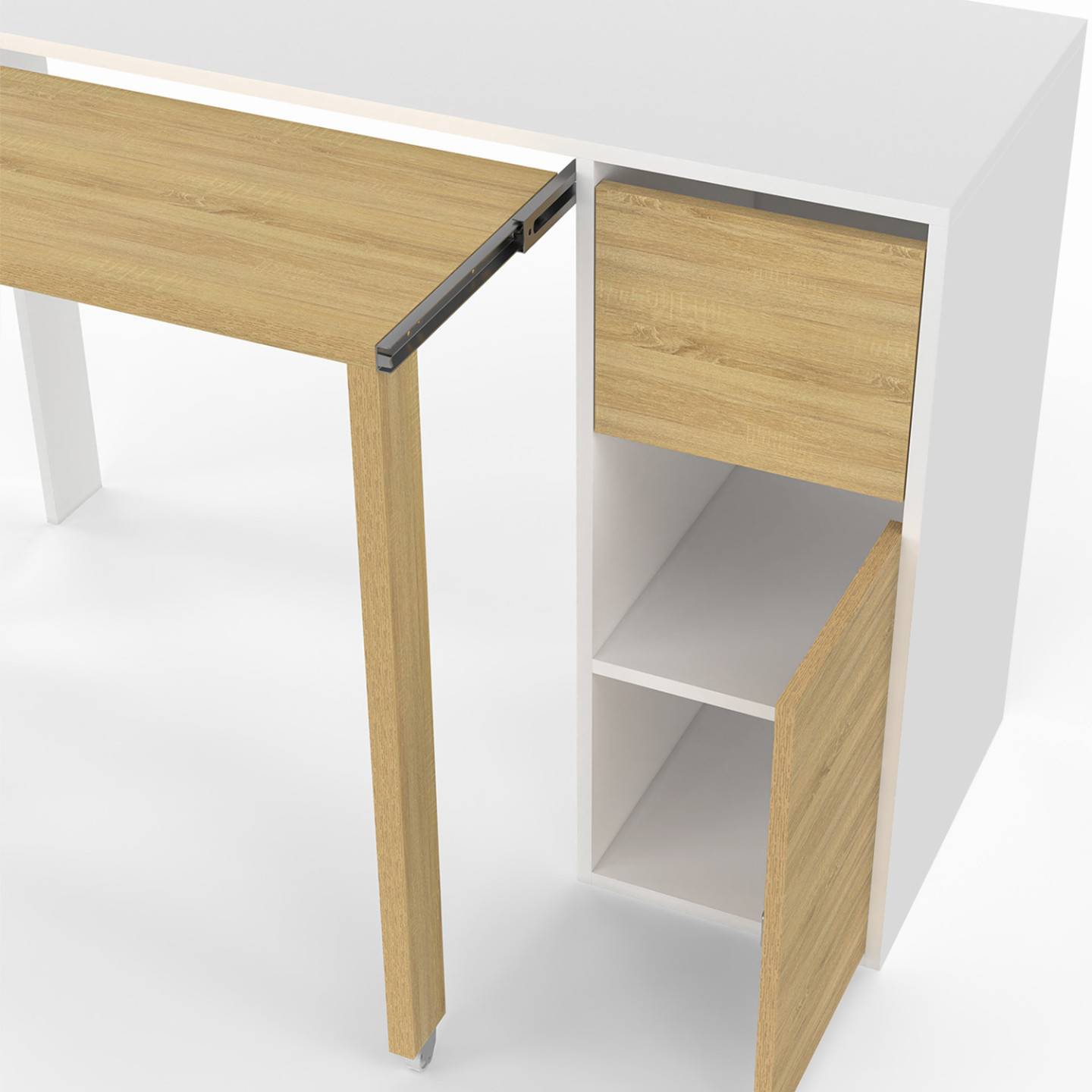 Bureau extensible RON avec colonne de rangement tiroir et placard blanc et bois - Image 5