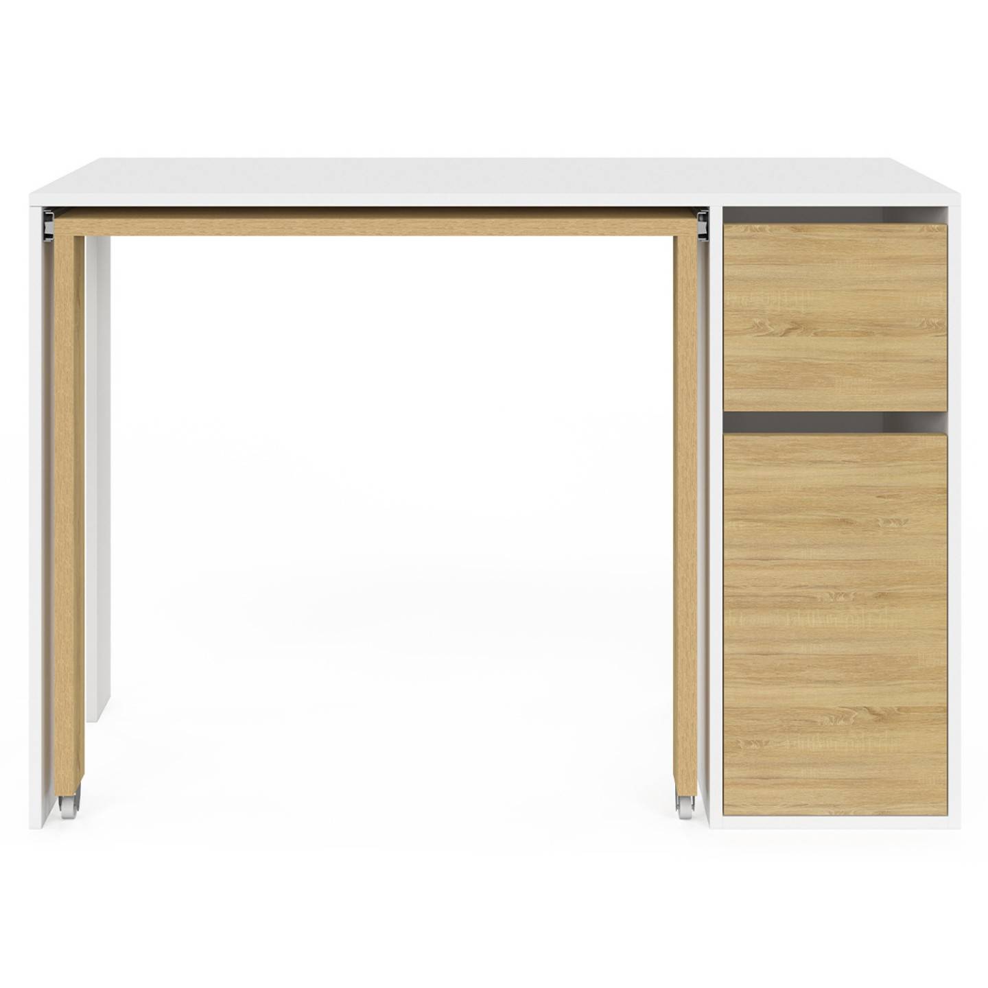 Bureau extensible RON avec colonne de rangement tiroir et placard blanc et bois - Image 3