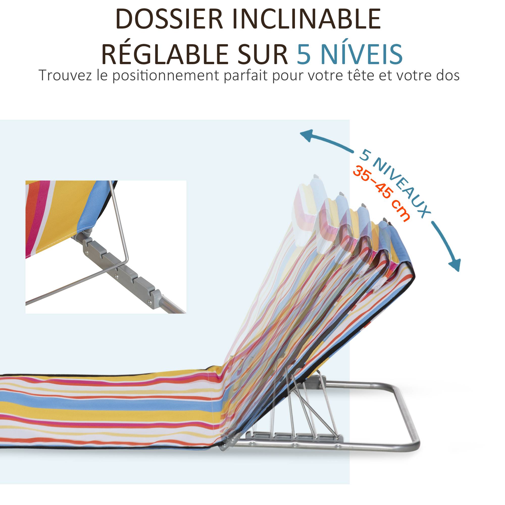 Lot 2 tapis de plage acier extérieur dossier inclinable avec sac multicolore - ComfortXL Outdoor Living - Image 6