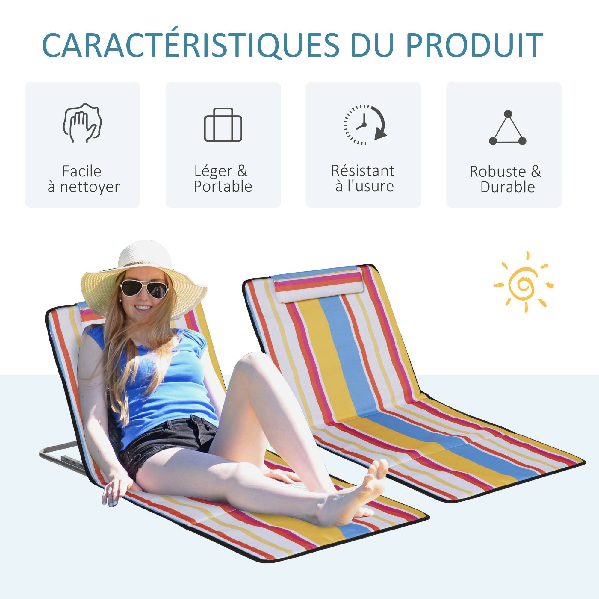 Lot 2 tapis de plage acier extérieur dossier inclinable avec sac multicolore - ComfortXL Outdoor Living - Image 9