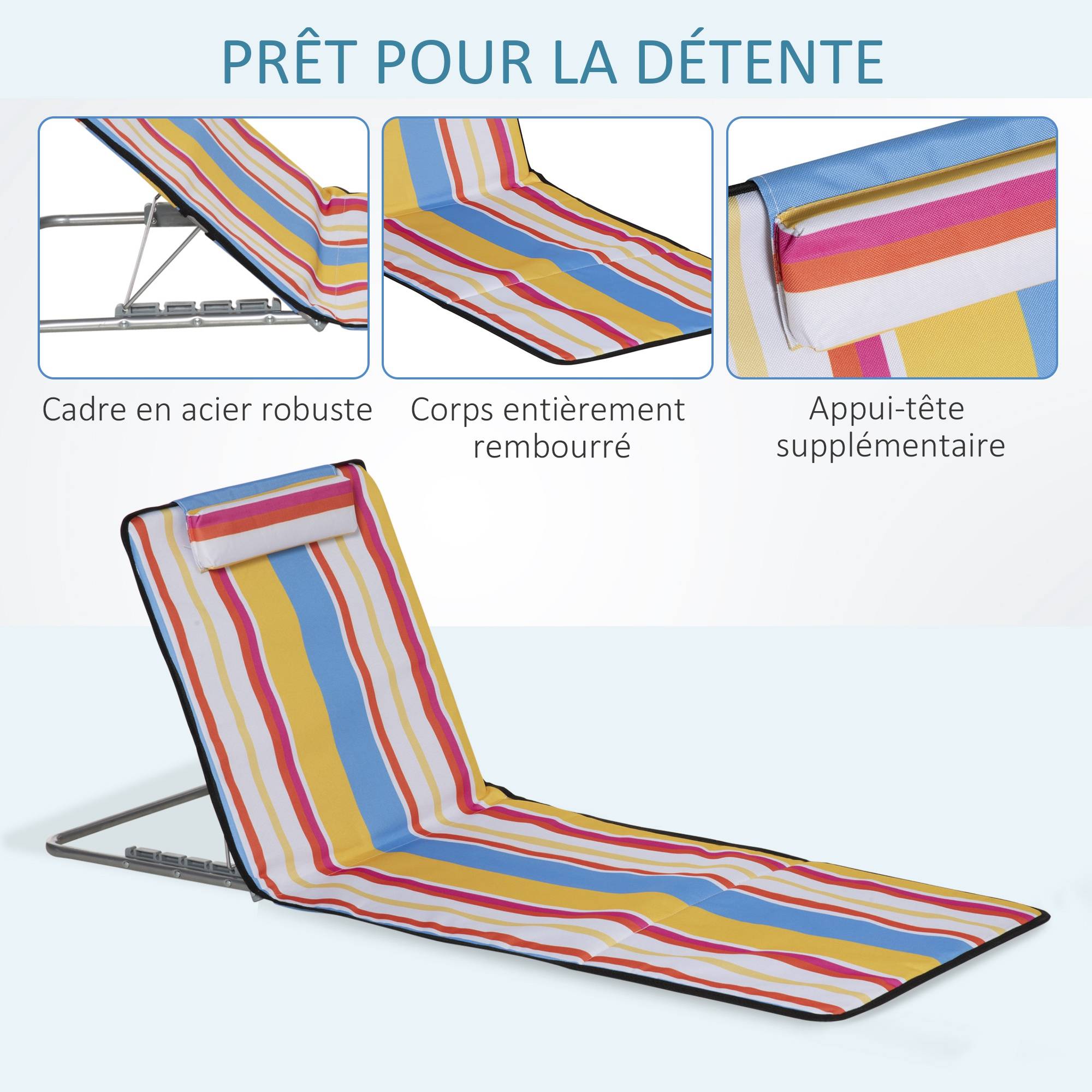 Lot 2 tapis de plage acier extérieur dossier inclinable avec sac multicolore - ComfortXL Outdoor Living - Image 8