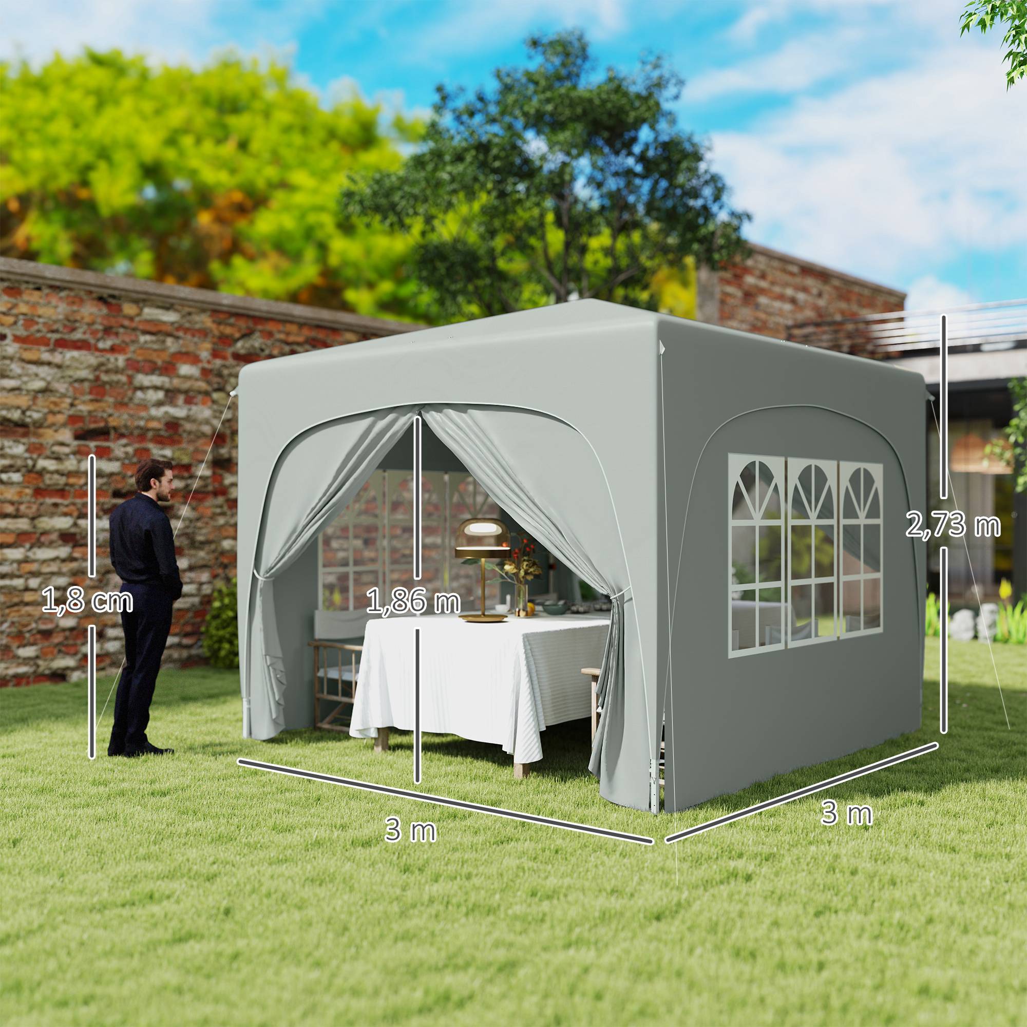 Tonnelle Pliante 3x3m Toile Oxford Jardin 4 Parois UV50+ Pop-up Gris Clair - ComfortXL Outdoor Living - Image 3